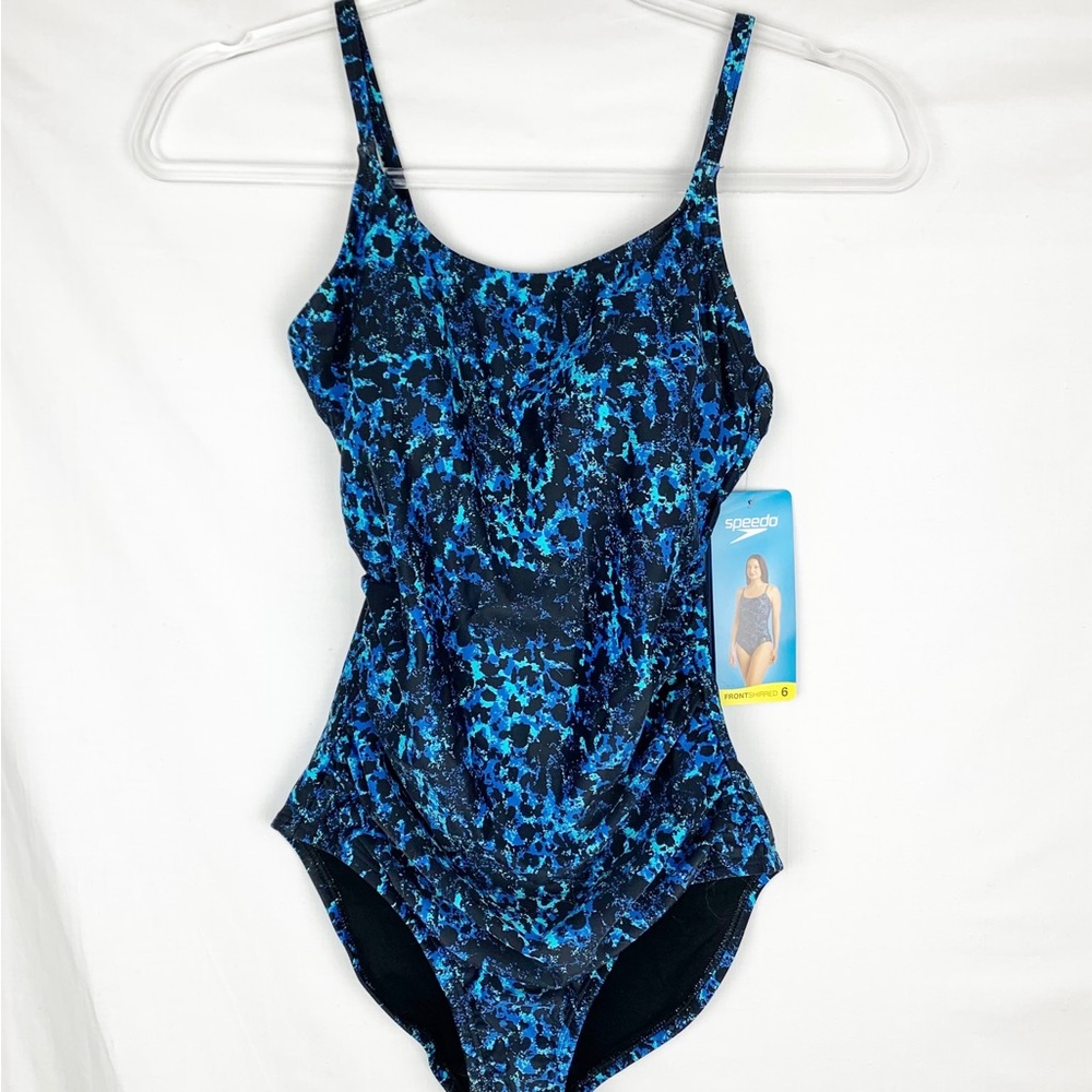NWT Speedo Front Shirred Supportive Powerflex One-Piece Swimsuit Blue Black Sz 6